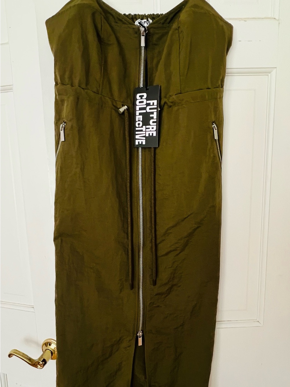 Future Collective Olive Green Midi Dress with Zip Front